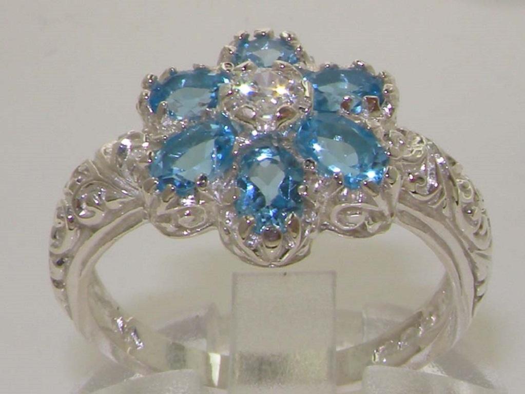 For Sale:  9K White Gold Naurtal Blue Topaz & Diamond Vintage Cluster Ring Customizable 2