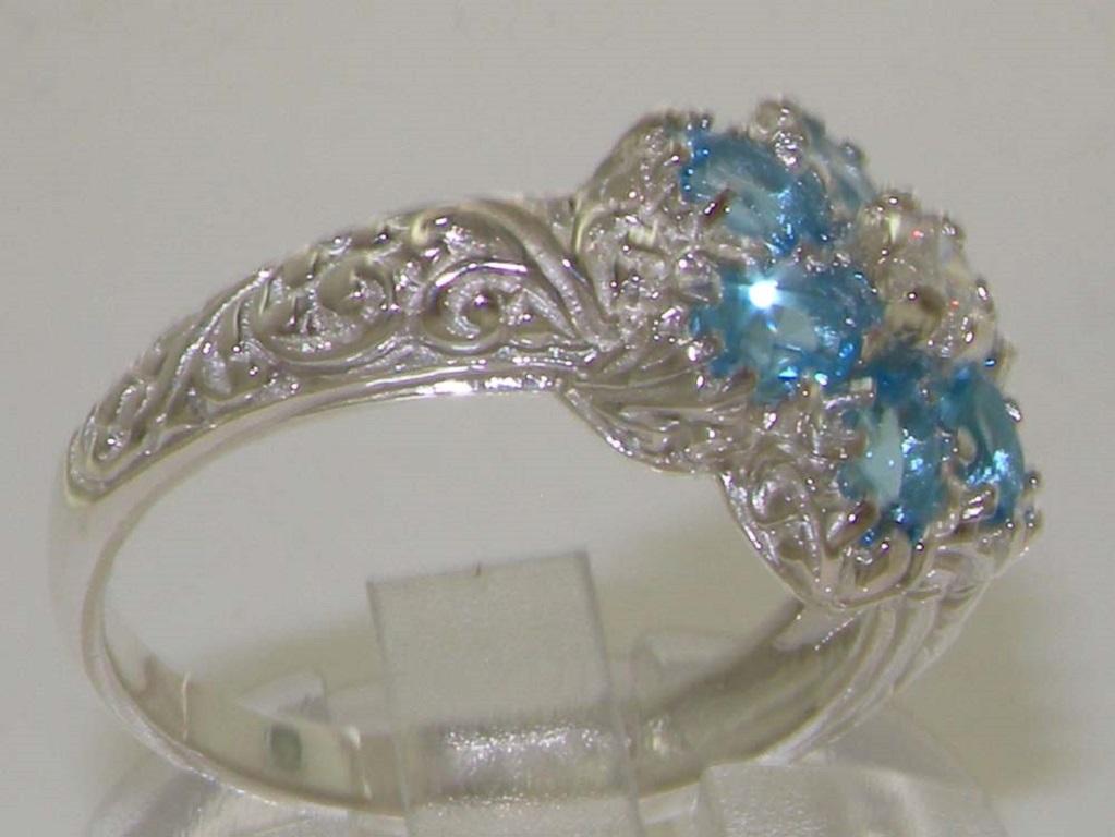 For Sale:  9K White Gold Naurtal Blue Topaz & Diamond Vintage Cluster Ring Customizable 3