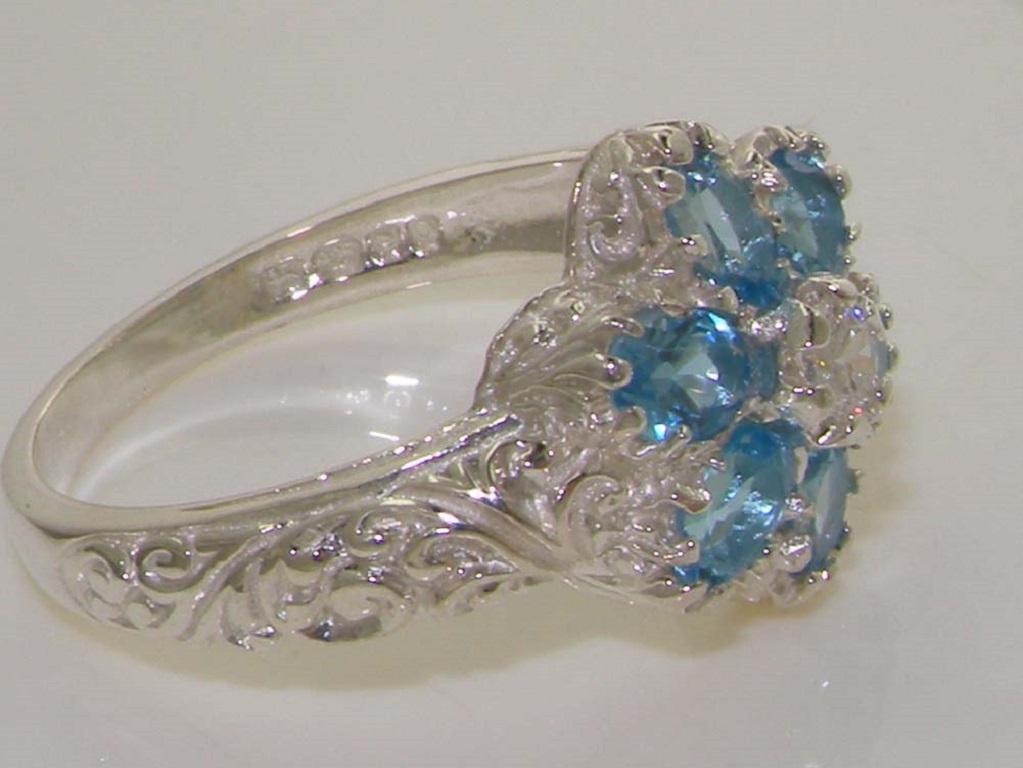For Sale:  9K White Gold Naurtal Blue Topaz & Diamond Vintage Cluster Ring Customizable 4