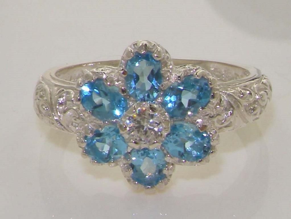 For Sale:  9K White Gold Naurtal Blue Topaz & Diamond Vintage Cluster Ring Customizable 5