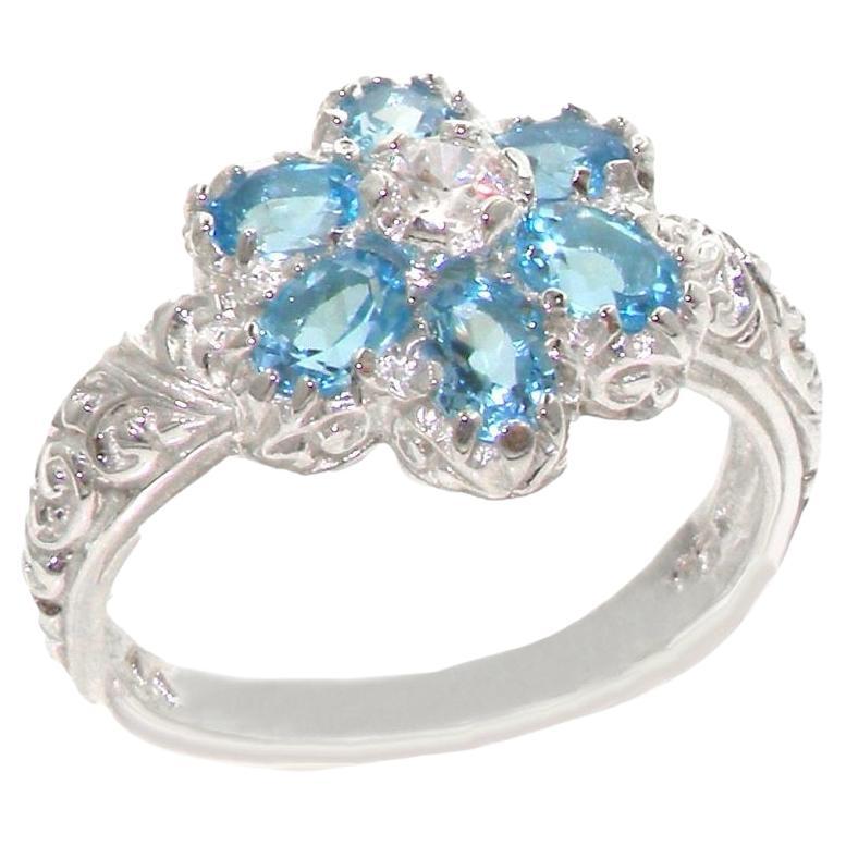 For Sale:  9K White Gold Naurtal Blue Topaz & Diamond Vintage Cluster Ring Customizable