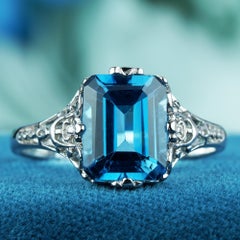9K White Gold Solid London Blue Topaz Edwardian Style Filigree Engagement Ring
