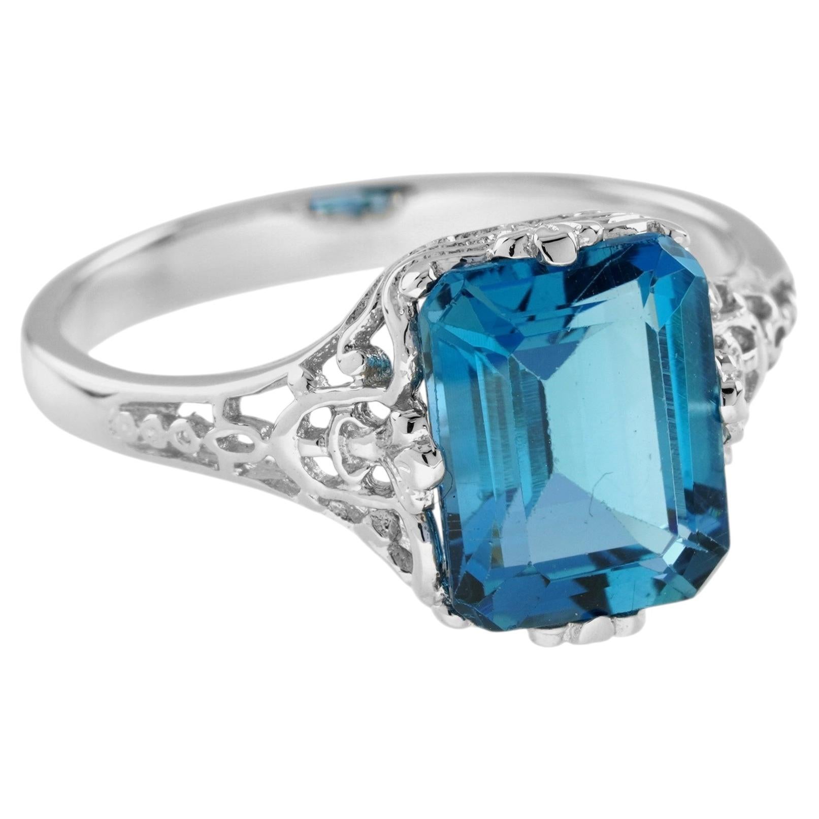 9K White Gold Solid London Blue Topaz Edwardian Style Filigree Engagement Ring For Sale