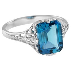 9K White Gold Solid London Blue Topaz Edwardian Style Filigree Engagement Ring
