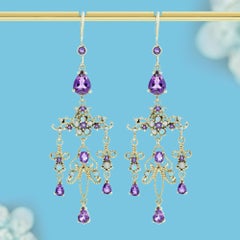 9K White Gold Solid Natural Amethyst Opal Vintage Style Drop Earrings