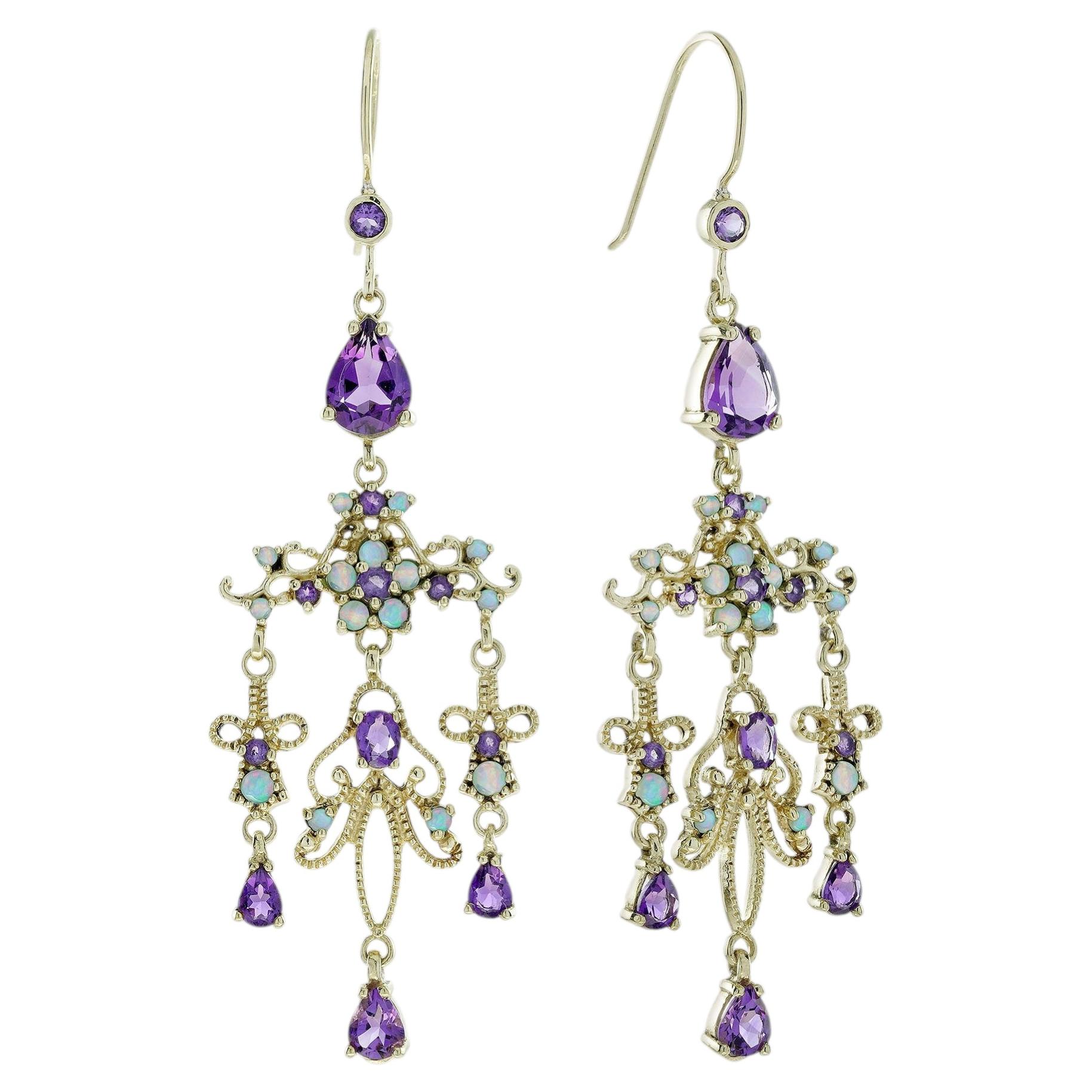 9K White Gold Solid Natural Amethyst Opal Vintage Style Drop Earrings