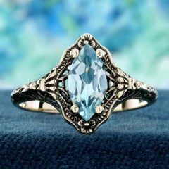 9K White Gold Solid Sky Blue Topaz Vintage Style Filigree Ring