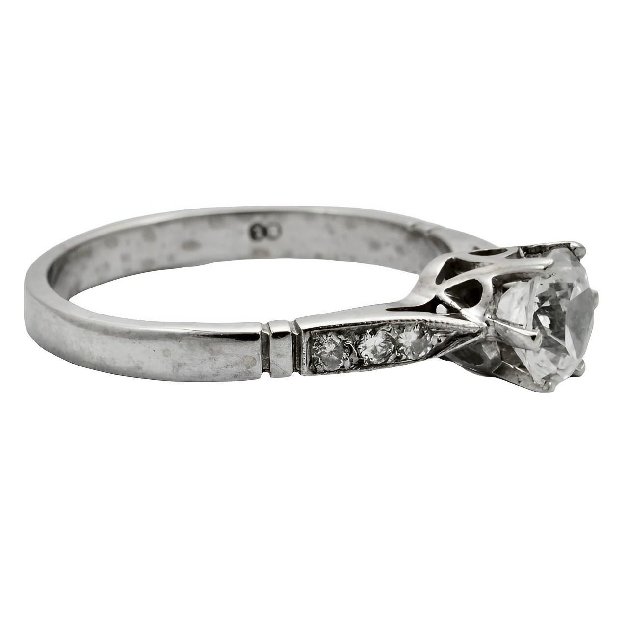 Women's or Men's 9K White Gold Solitaire Crystal Ring with Decorative Diamond Shoulders 1970s For Sale