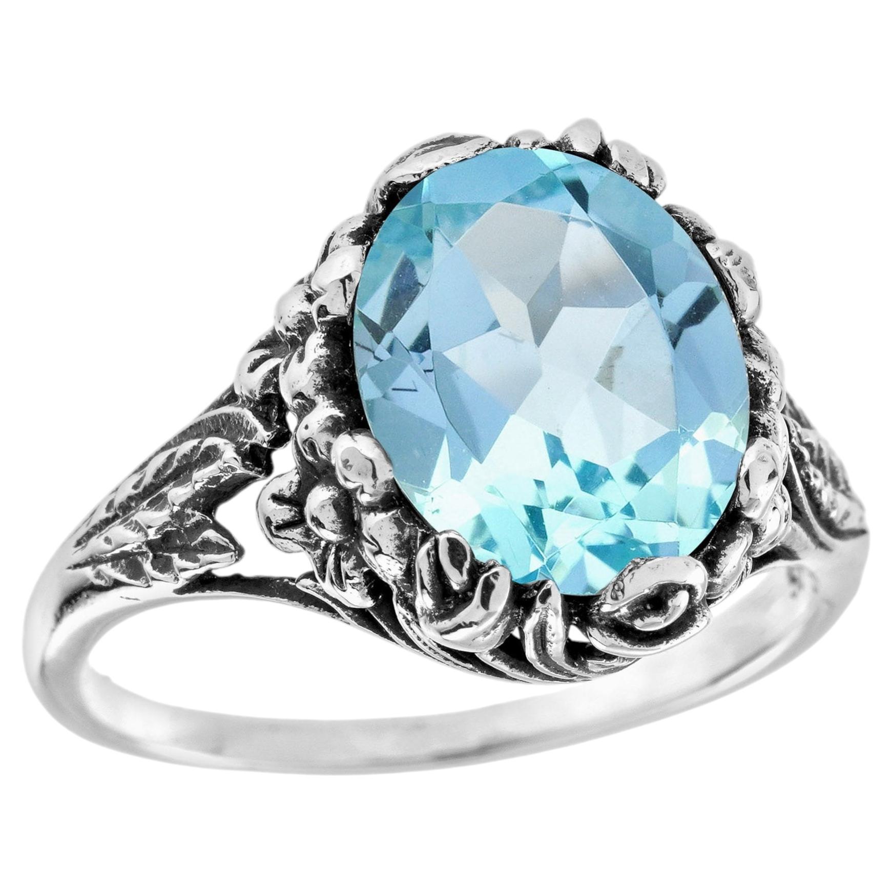 9K White Solid Gold Blue Topaz Vintage Style Floral Motif Ring