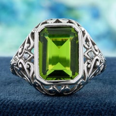 9K White Solid Gold Peridot and Pearl Vintage Style Filigree Ring