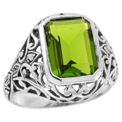 9K White Solid Gold Peridot and Pearl Vintage Style Filigree Ring