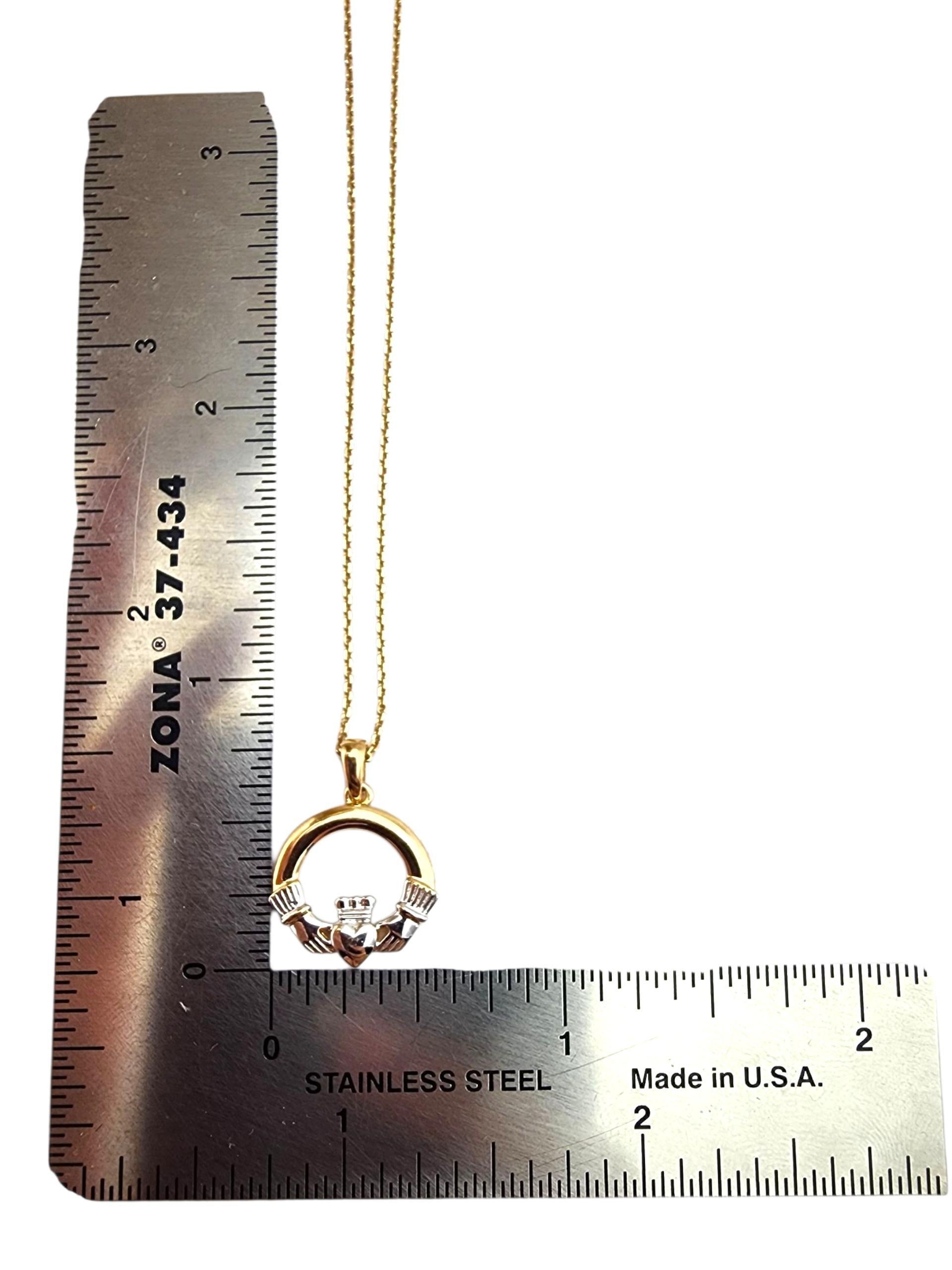 9K Yellow and White Gold Claddagh Pendant Necklace #22412 For Sale 7