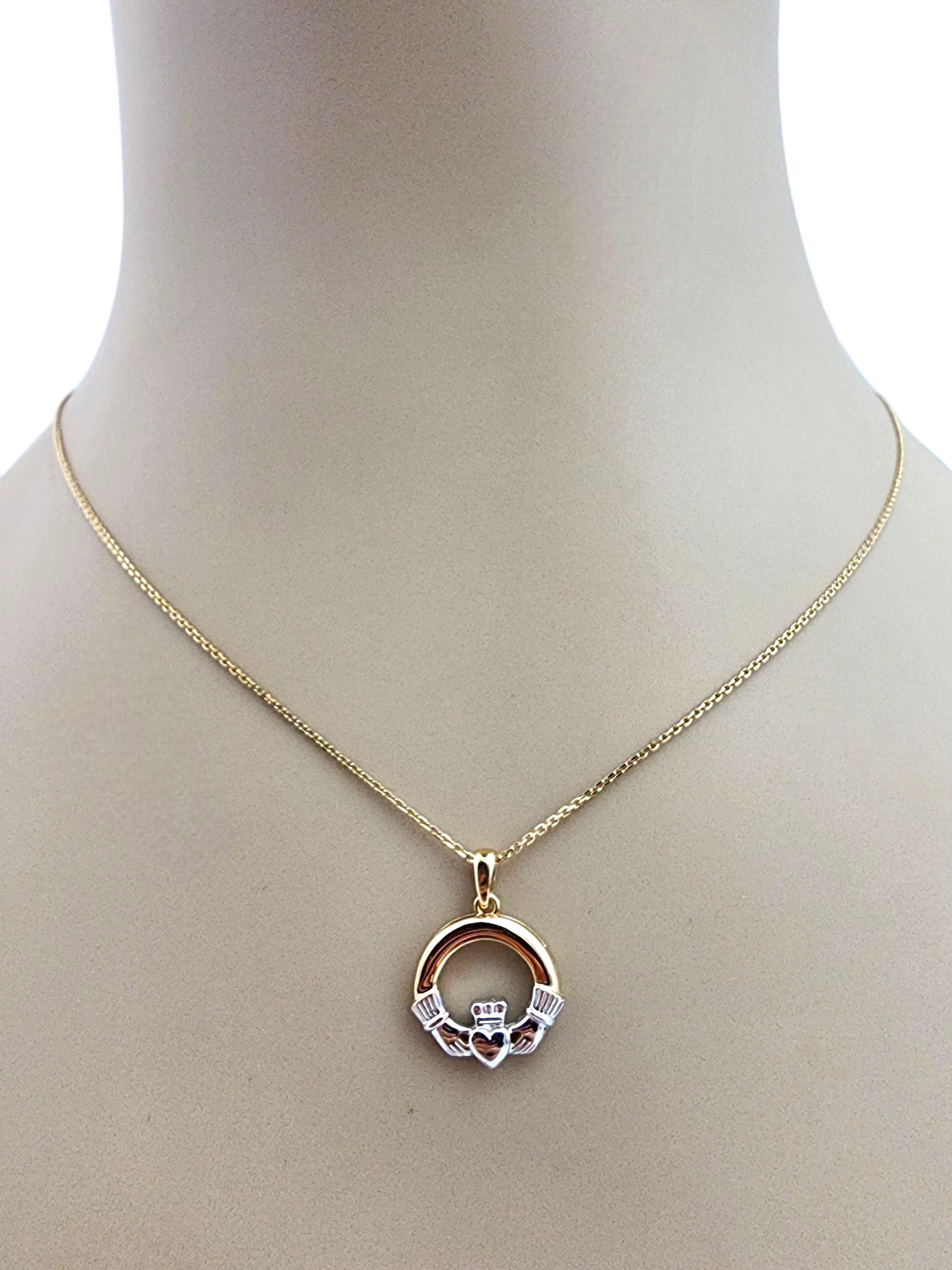 9K Yellow and White Gold Claddagh Pendant Necklace #22412 For Sale 8