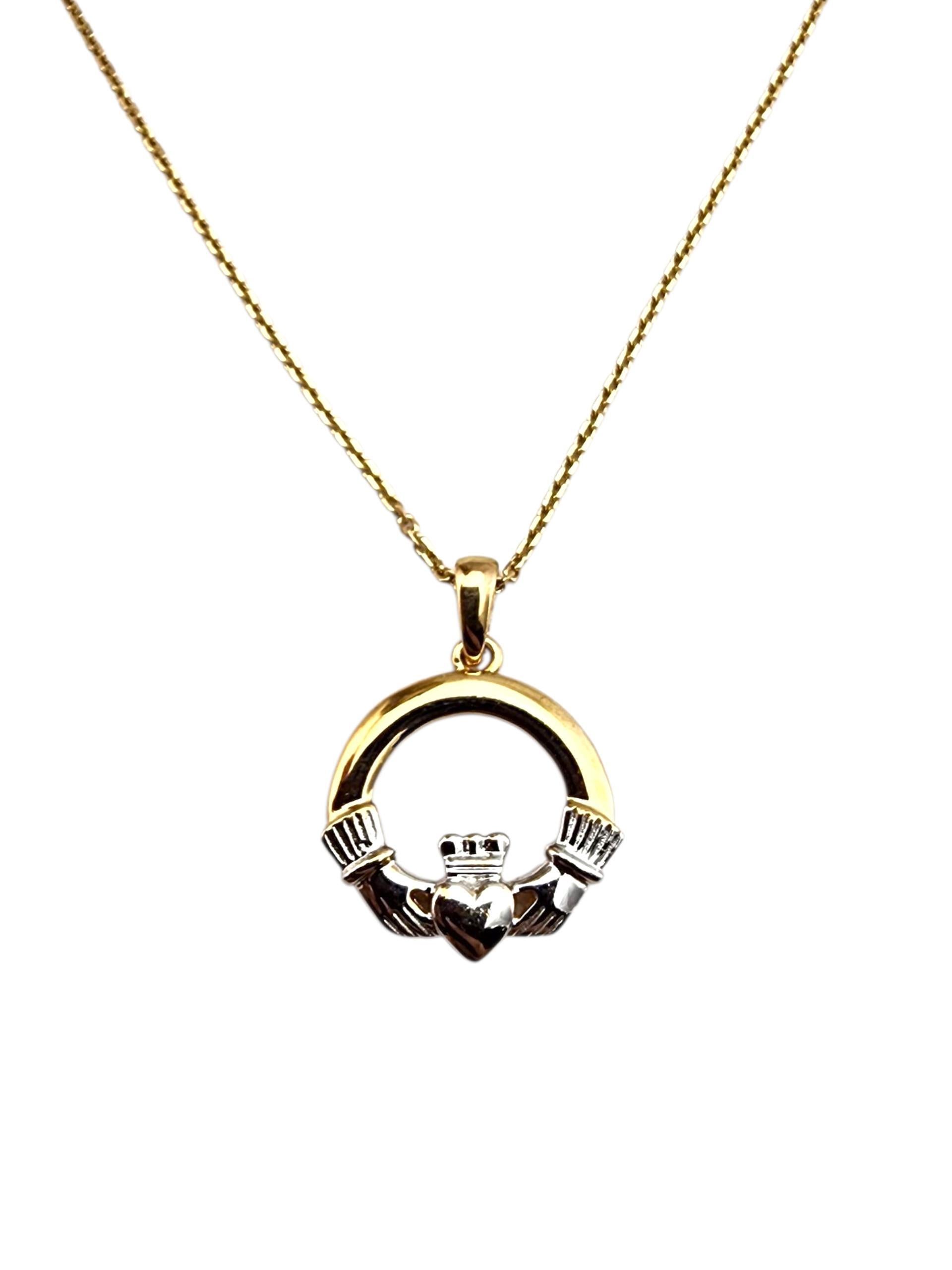 9K Yellow and White Gold Claddagh Pendant Necklace #22412 For Sale