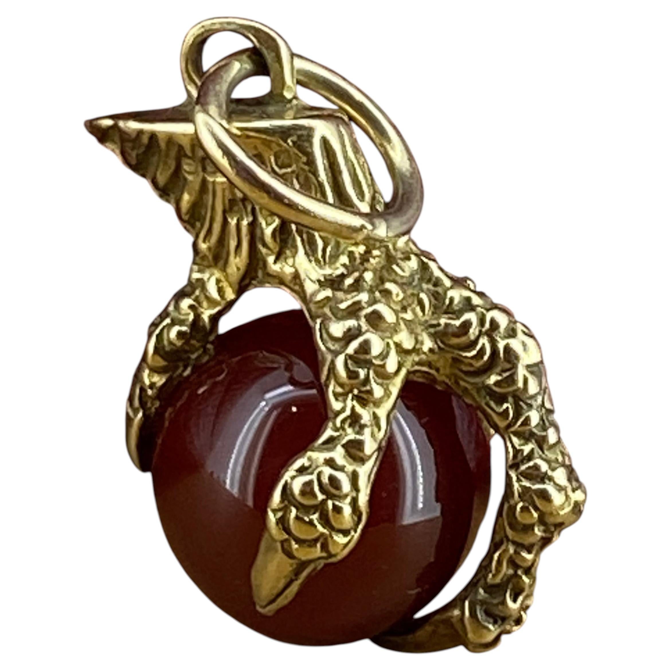 9K Yellow Gold 375 Dragon's Claw Carnelian Ball Charm. English Hallmarks