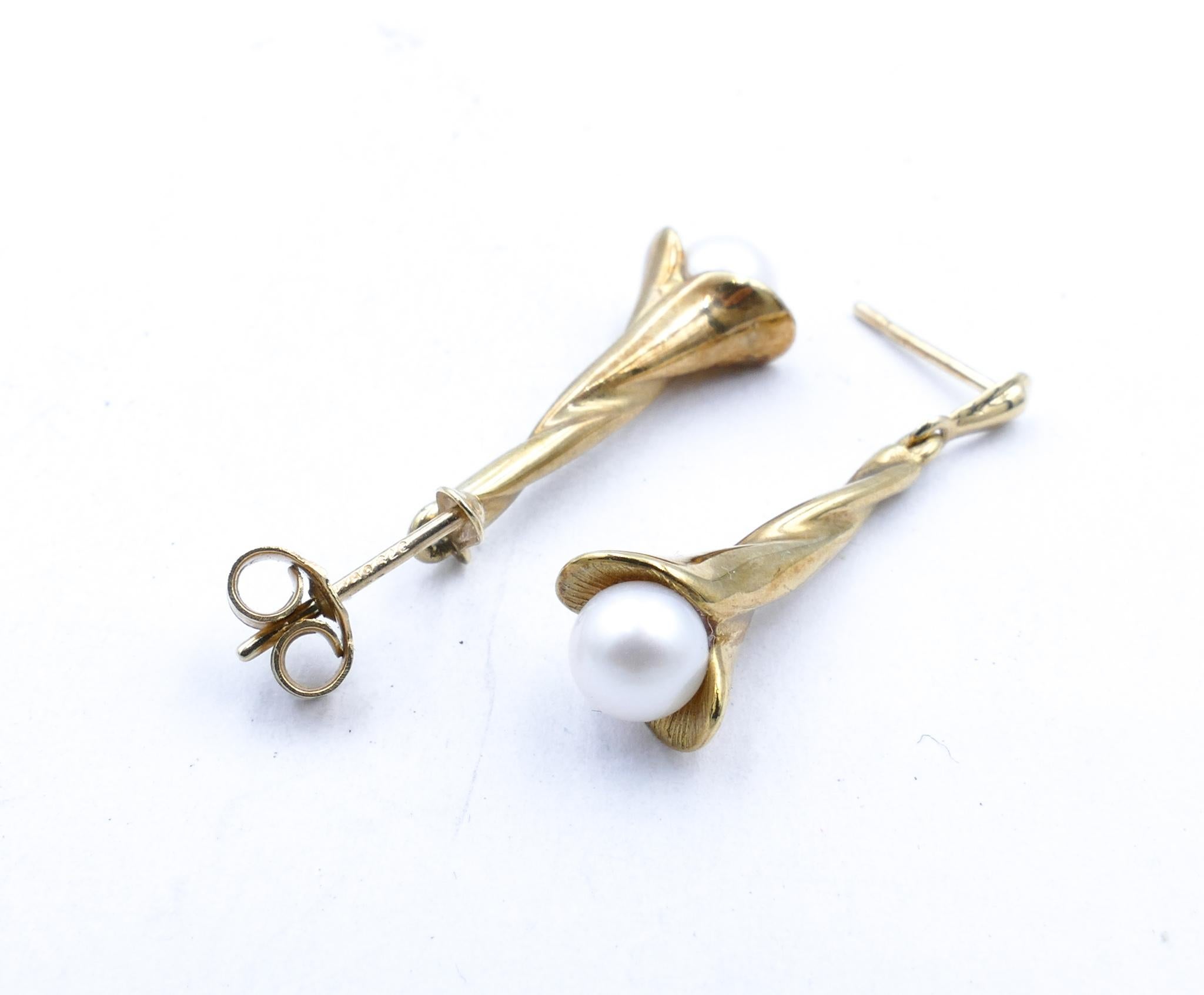 Ball Cut 9K Yellow Gold Akoya Pearl Drop Earrings For Sale