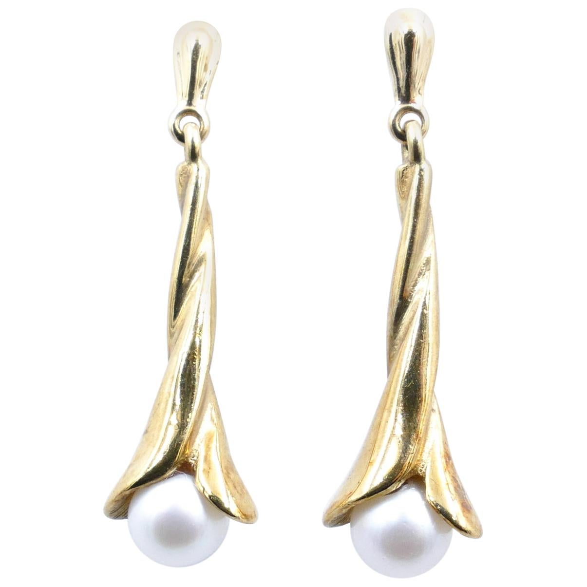 9K Yellow Gold Akoya Pearl Drop Earrings For Sale