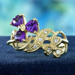 9K Yellow Gold Amethyst and Diamond Vintage Style Floral Ring