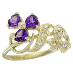 Bague florale de style vintage en or jaune 9K avec améthyste et diamant