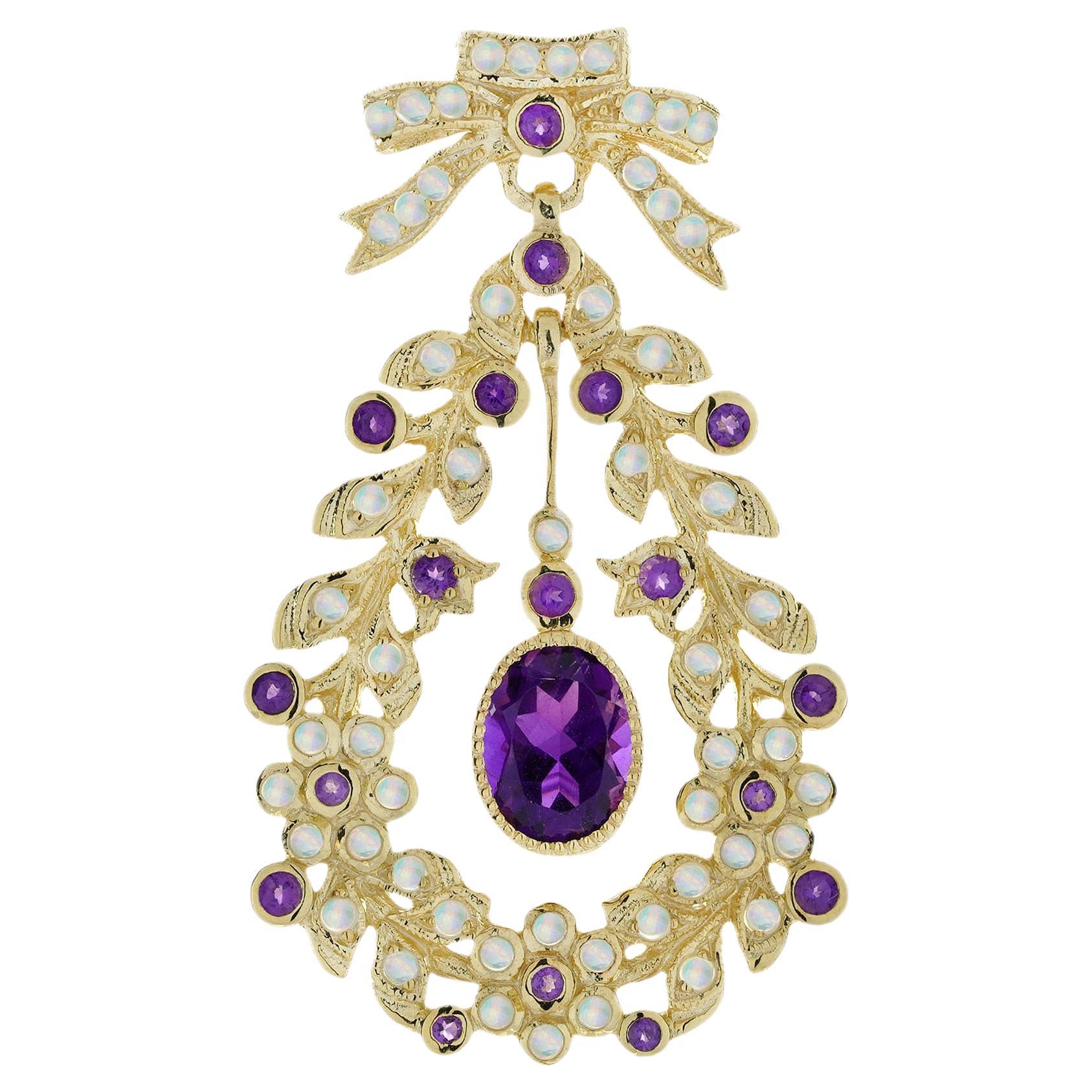 Pendentif floral en or jaune 9K avec améthyste et opale de style édouardien vintage