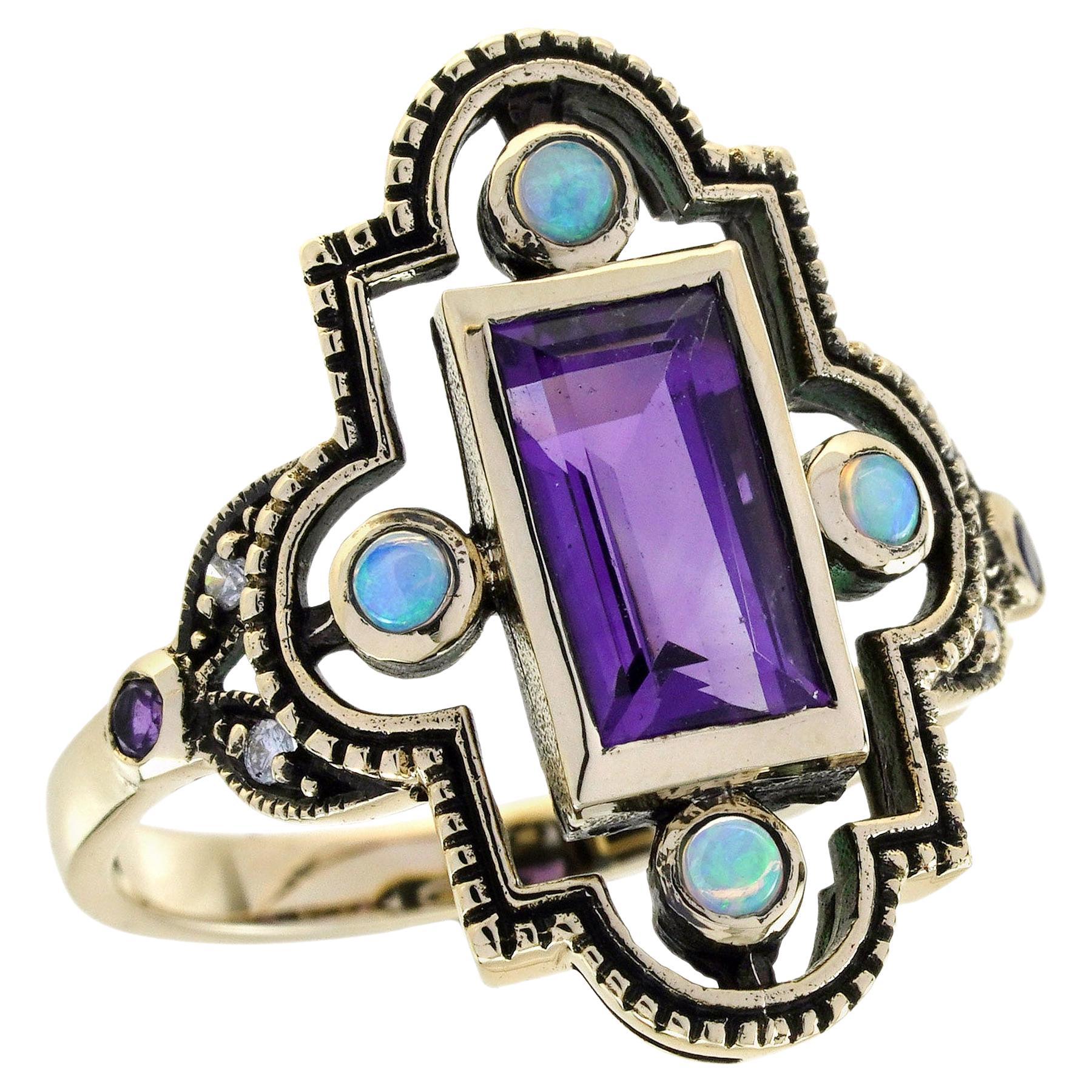 Bague de cocktail en or jaune 9K avec améthyste, opale et diamant de style vintage