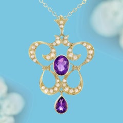 9K Yellow Gold Amethyst Pearl Victorian Style Pendant
