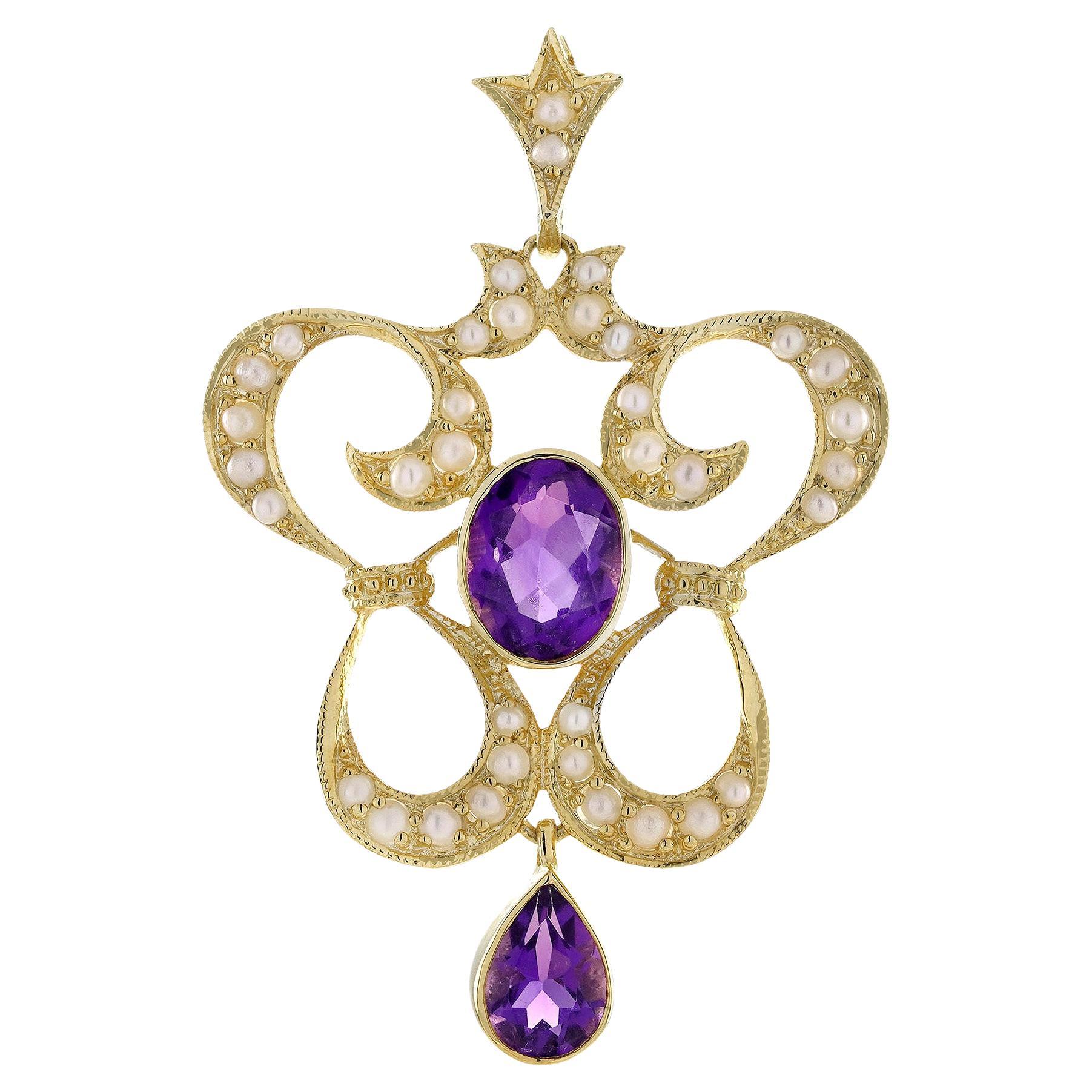 9K Yellow Gold Amethyst Pearl Victorian Style Pendant