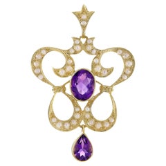 9K Yellow Gold Amethyst Pearl Victorian Style Pendant
