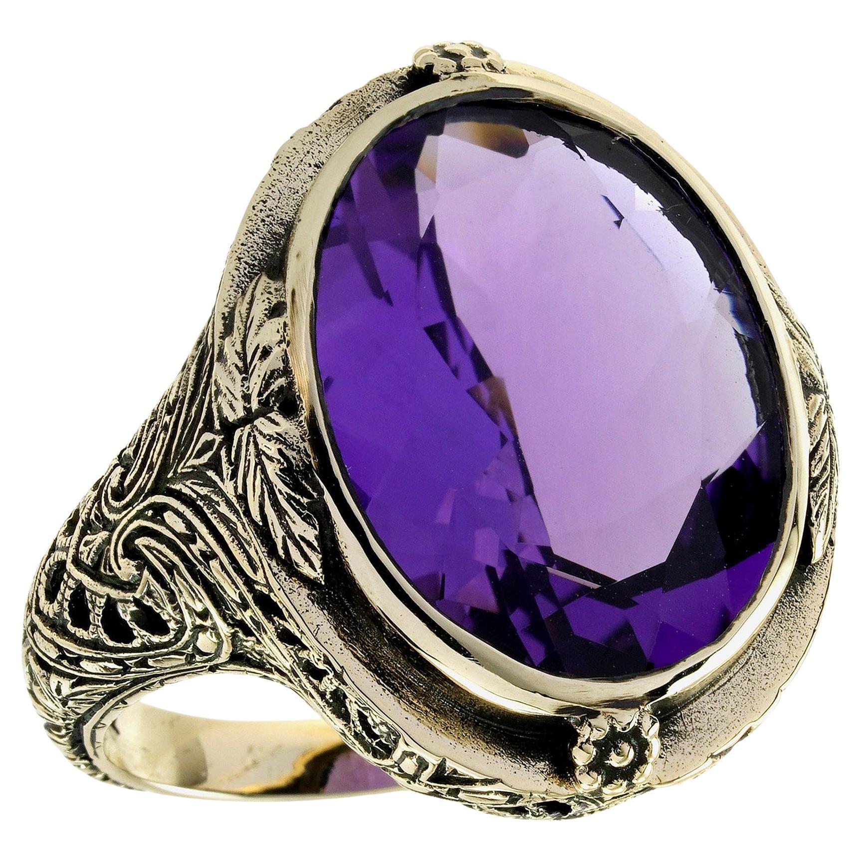 Bague cocktail en or jaune 9K à l
améthyste de style vintage