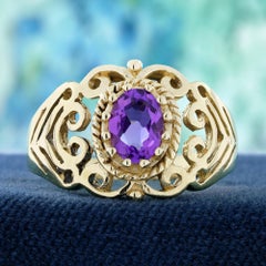 9K Yellow Gold Amethyst Vintage Style Filigree Ring