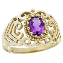 9K Yellow Gold Amethyst Vintage Style Filigree Ring