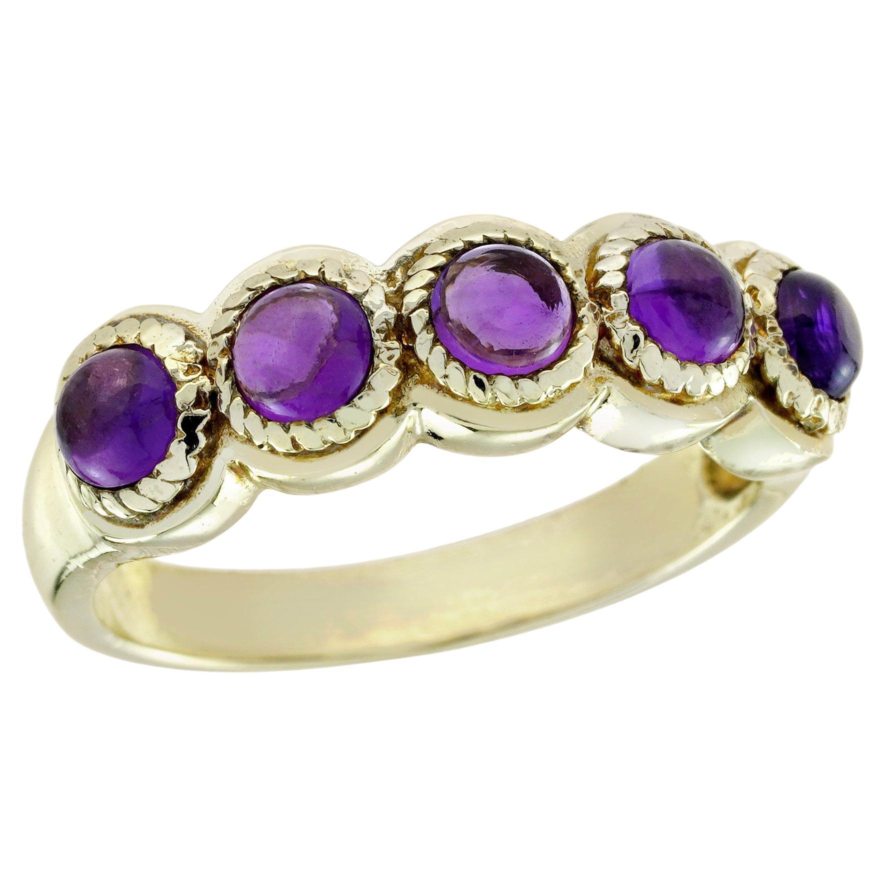 Anello a cinque pietre in stile vintage con ametista in oro giallo 9K