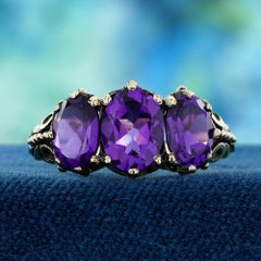 9K Yellow Gold Amethyst Vintage Style Three Stone Ring