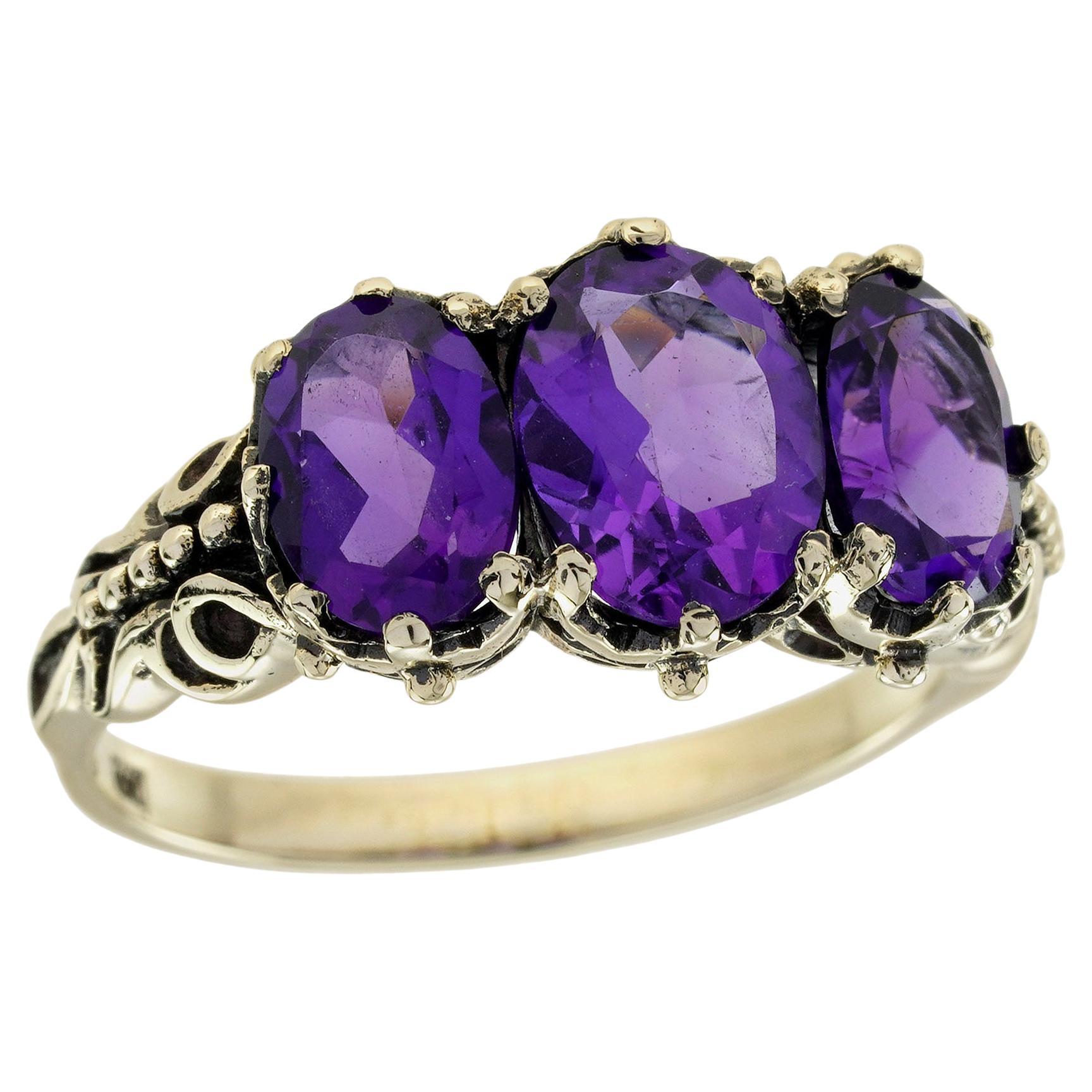 Bague à trois pierres en or jaune 9K avec améthyste, style vintage