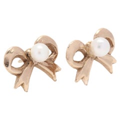 9k Yellow Gold and Pearl Bow Stud Earrings