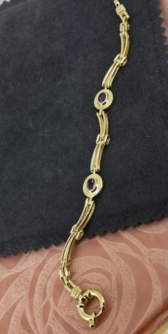 9K Yellow Gold Articulated Baton Link Amethyst Vintage Bracelet, Bolt Ring Clasp