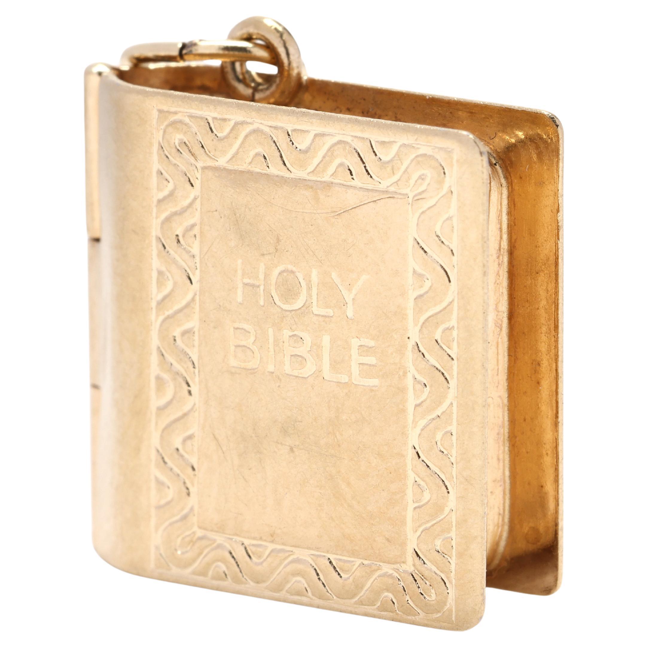 9k Yellow Gold Bible Locket, Old Testament Paper Inside, Engraved Charm Locket For Sale