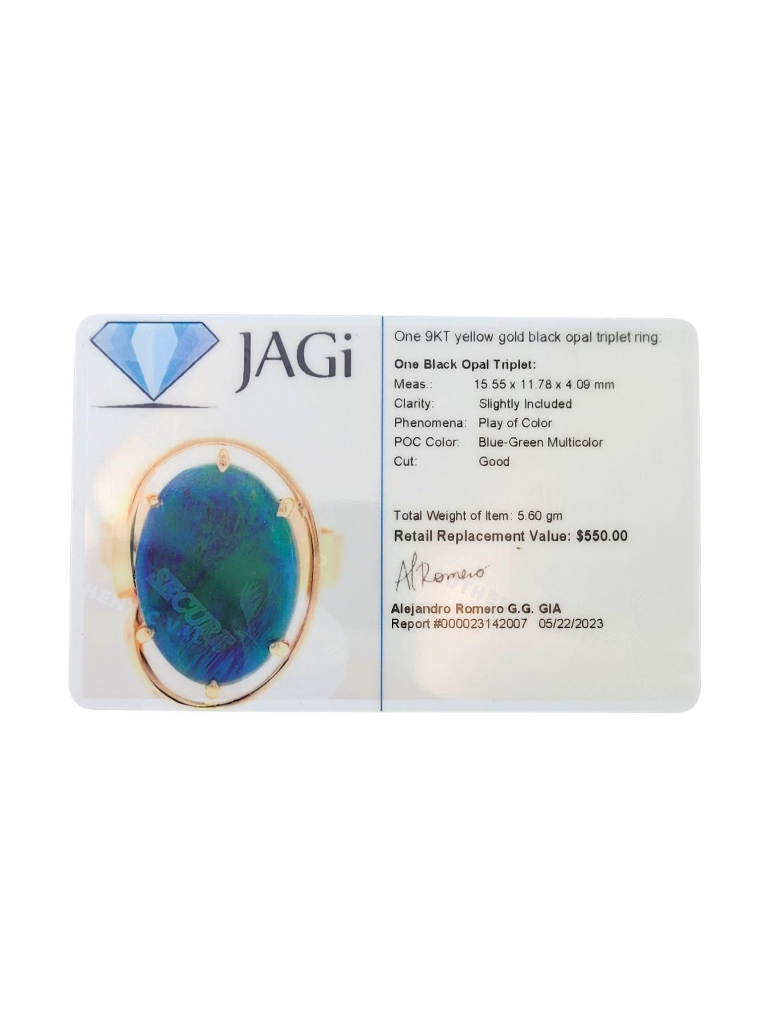 9K Yellow Gold Black Opal Ring Size 6.25-6.5 #14772 For Sale 4