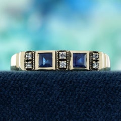 9K Yellow Gold Blue and White Sapphire Vintage Style Band Ring