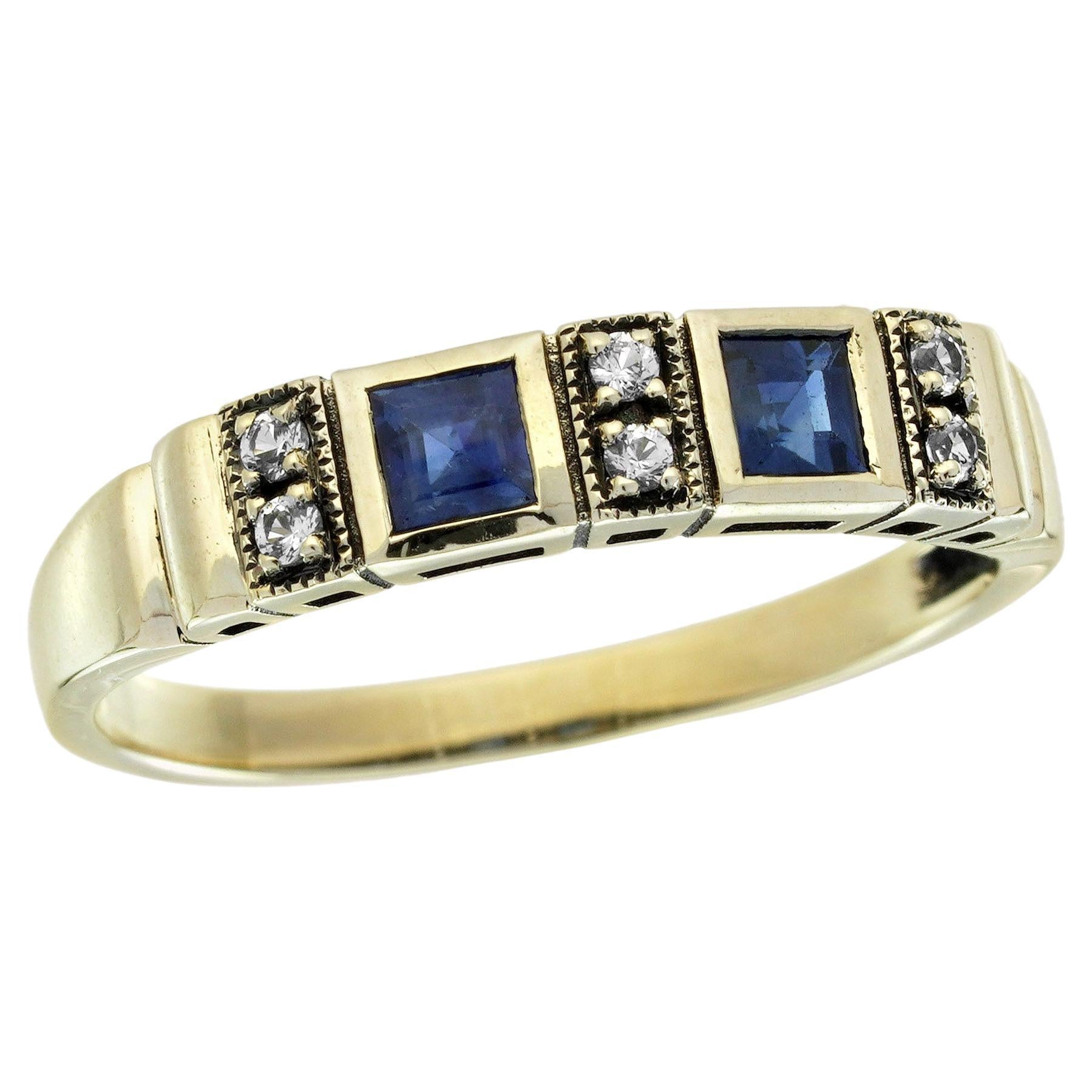 9K Yellow Gold Blue and White Sapphire Vintage Style Band Ring For Sale