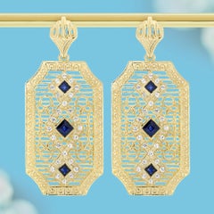 Blue and White Sapphire Filigree Drop Earrings in 9K Yellow Gold
