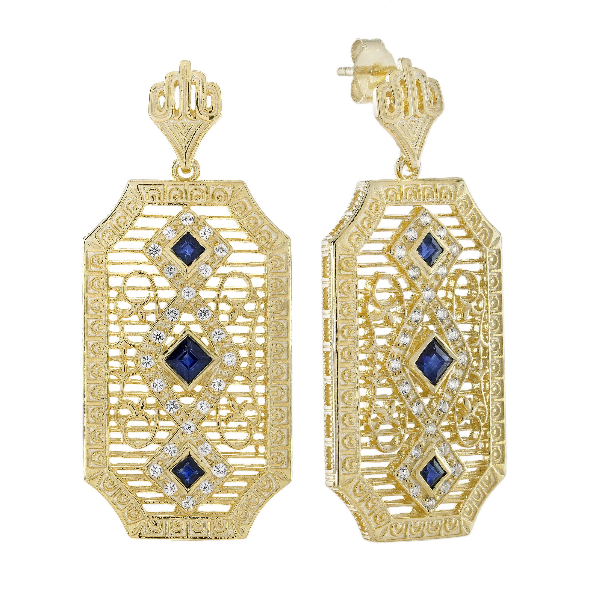 Orecchini a goccia in filigrana in oro giallo 9K con zaffiro blu e bianco in stile vintage