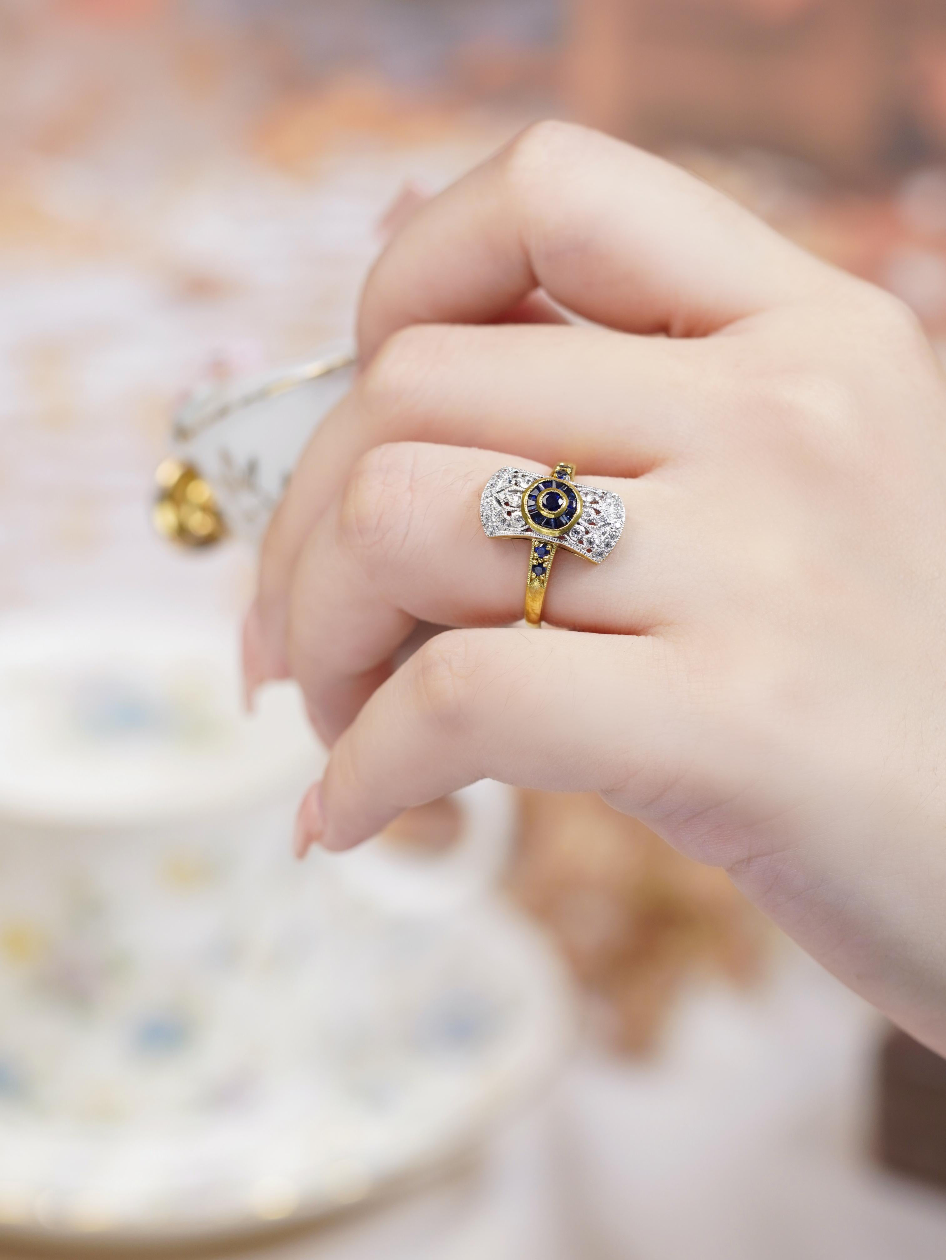 9K Gelbgold Blauer Saphir und Diamant Art Deco Stil Halo Ring im Angebot 5