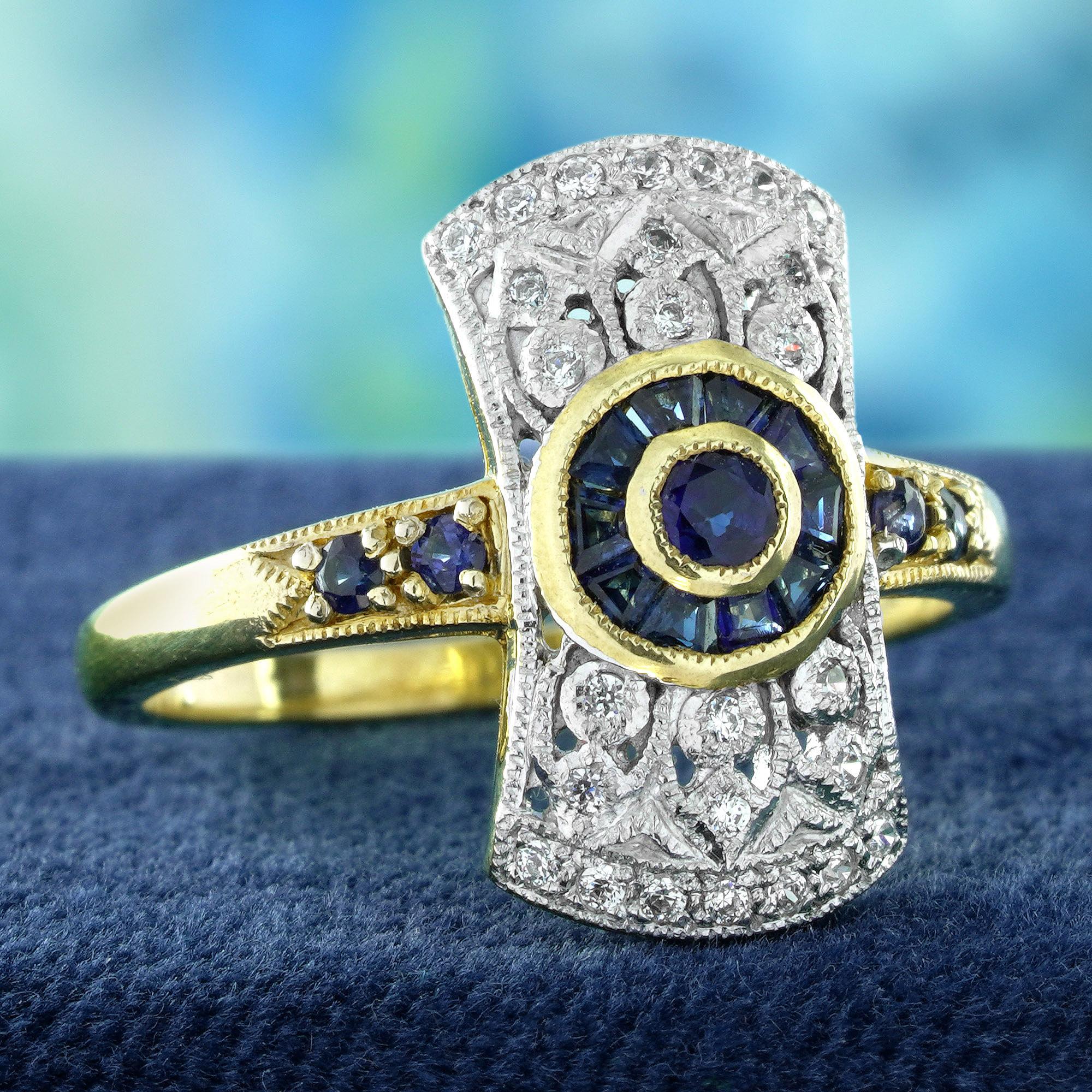 9K Gelbgold Blauer Saphir und Diamant Art Deco Stil Halo Ring (Edwardian) im Angebot