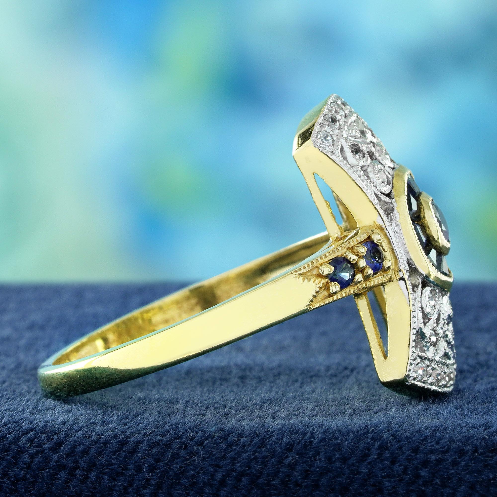 9K Gelbgold Blauer Saphir und Diamant Art Deco Stil Halo Ring (Rundschliff) im Angebot