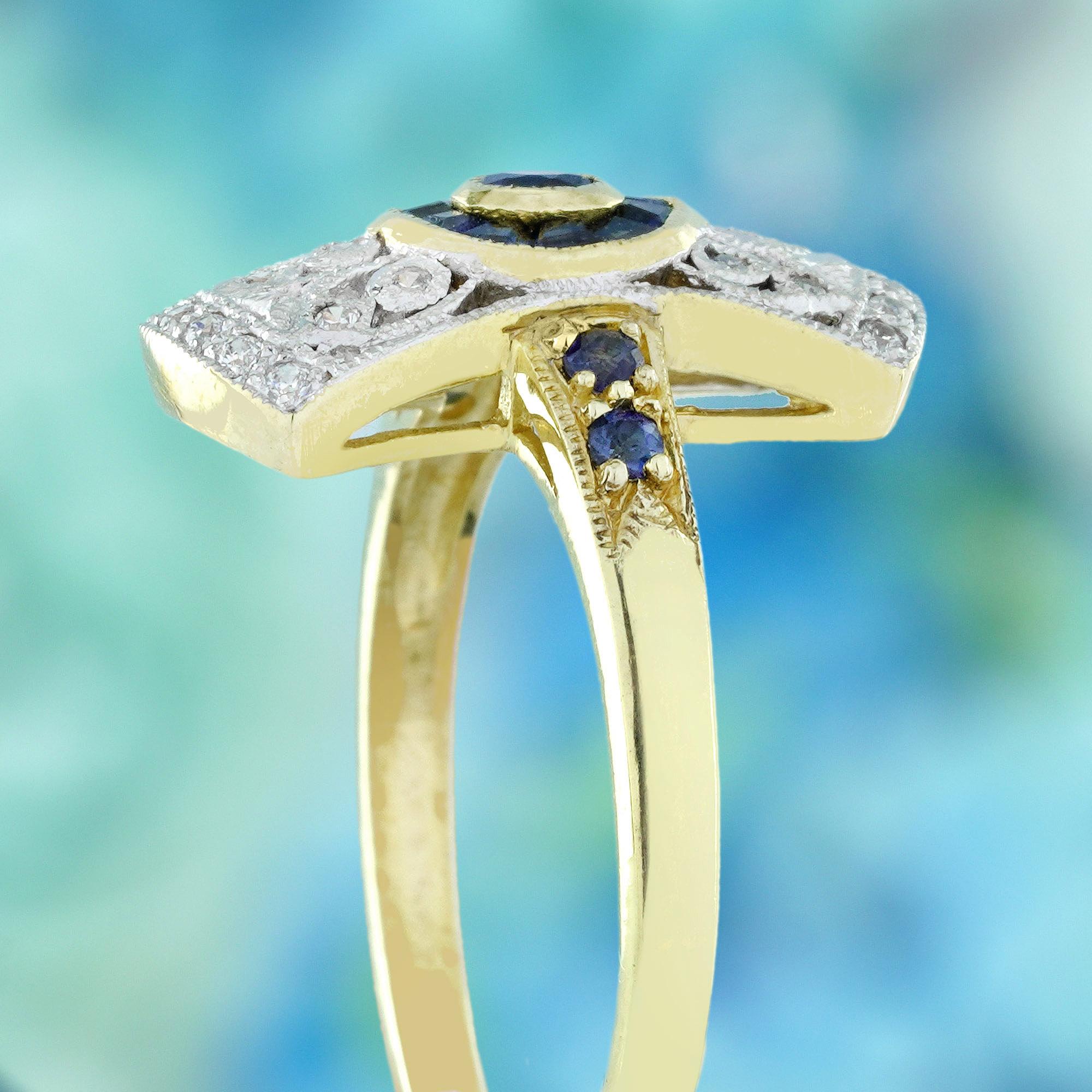 9K Gelbgold Blauer Saphir und Diamant Art Deco Stil Halo Ring Damen im Angebot