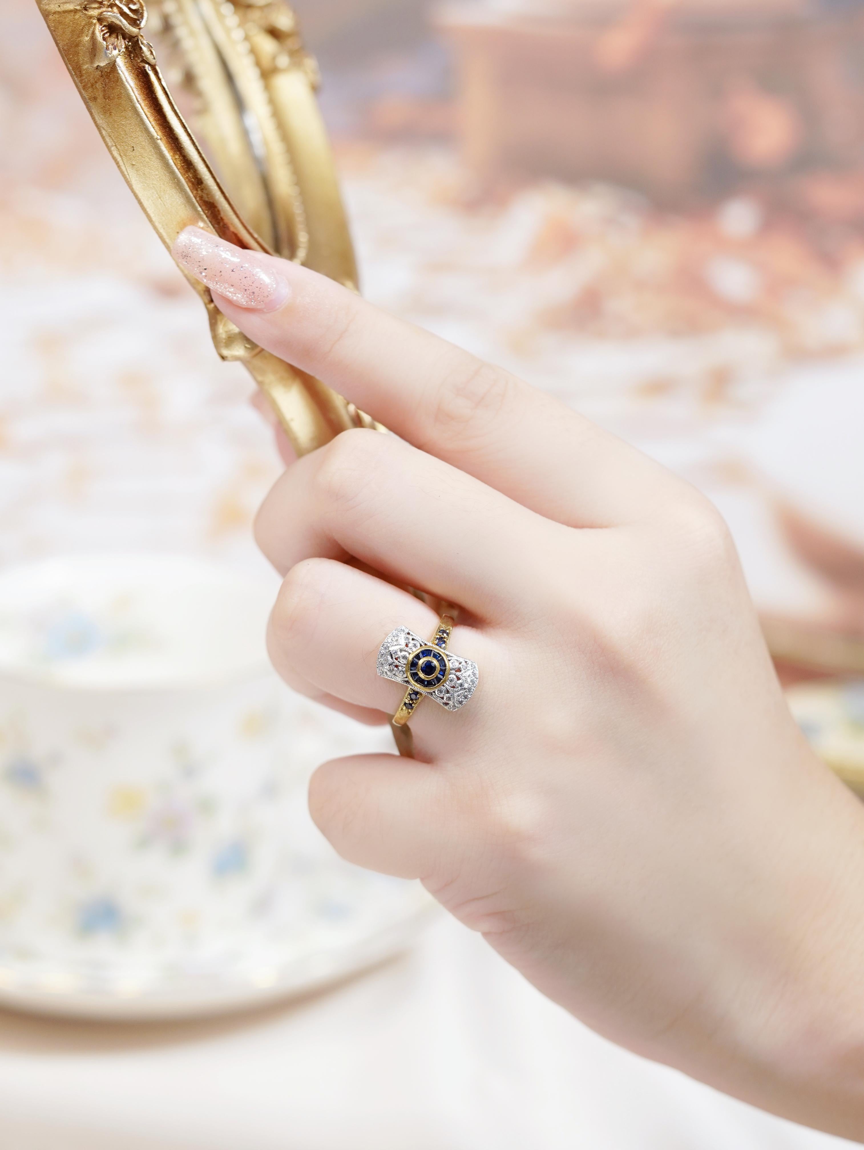 9K Gelbgold Blauer Saphir und Diamant Art Deco Stil Halo Ring im Angebot 2