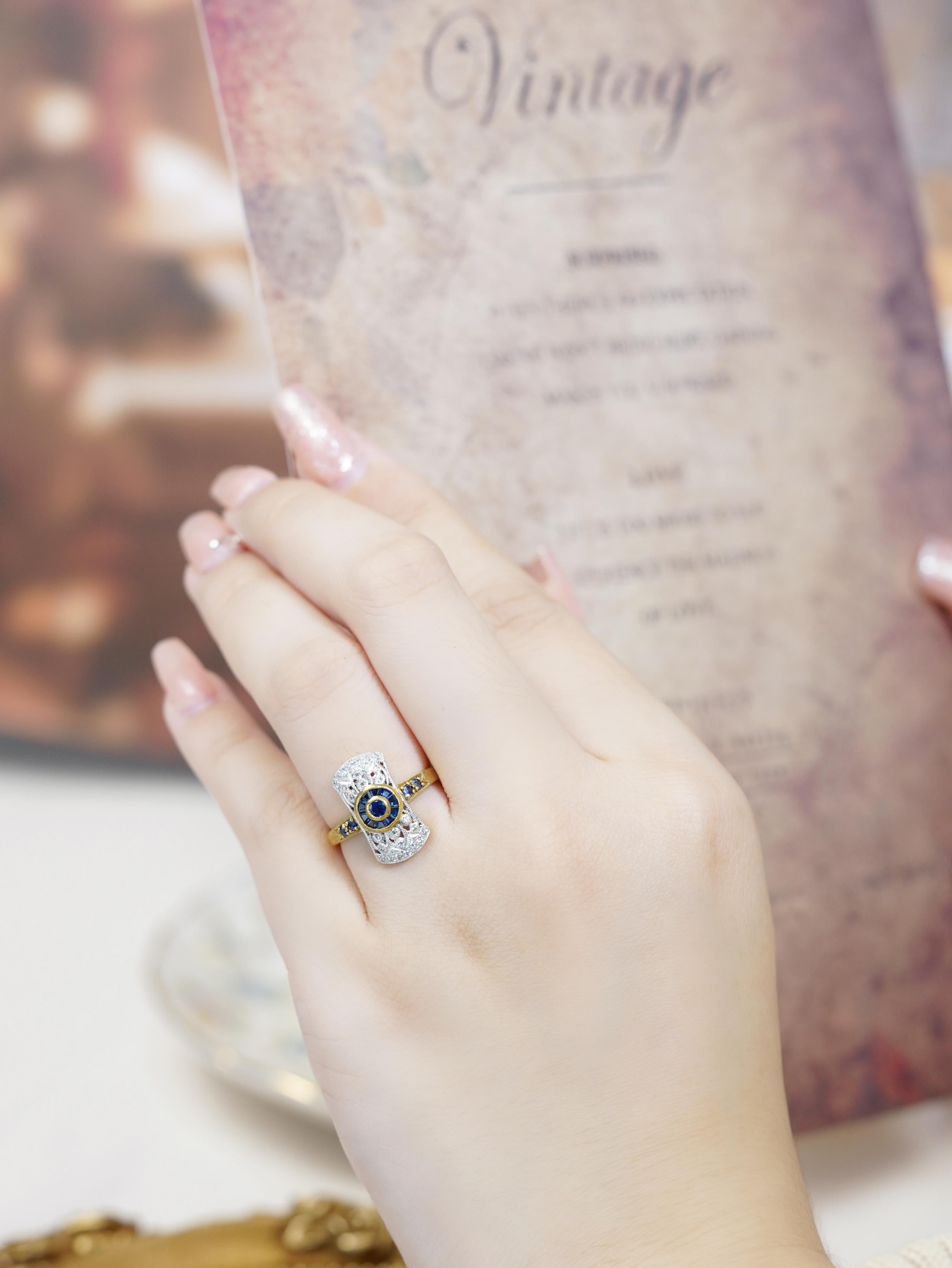 9K Gelbgold Blauer Saphir und Diamant Art Deco Stil Halo Ring im Angebot 3