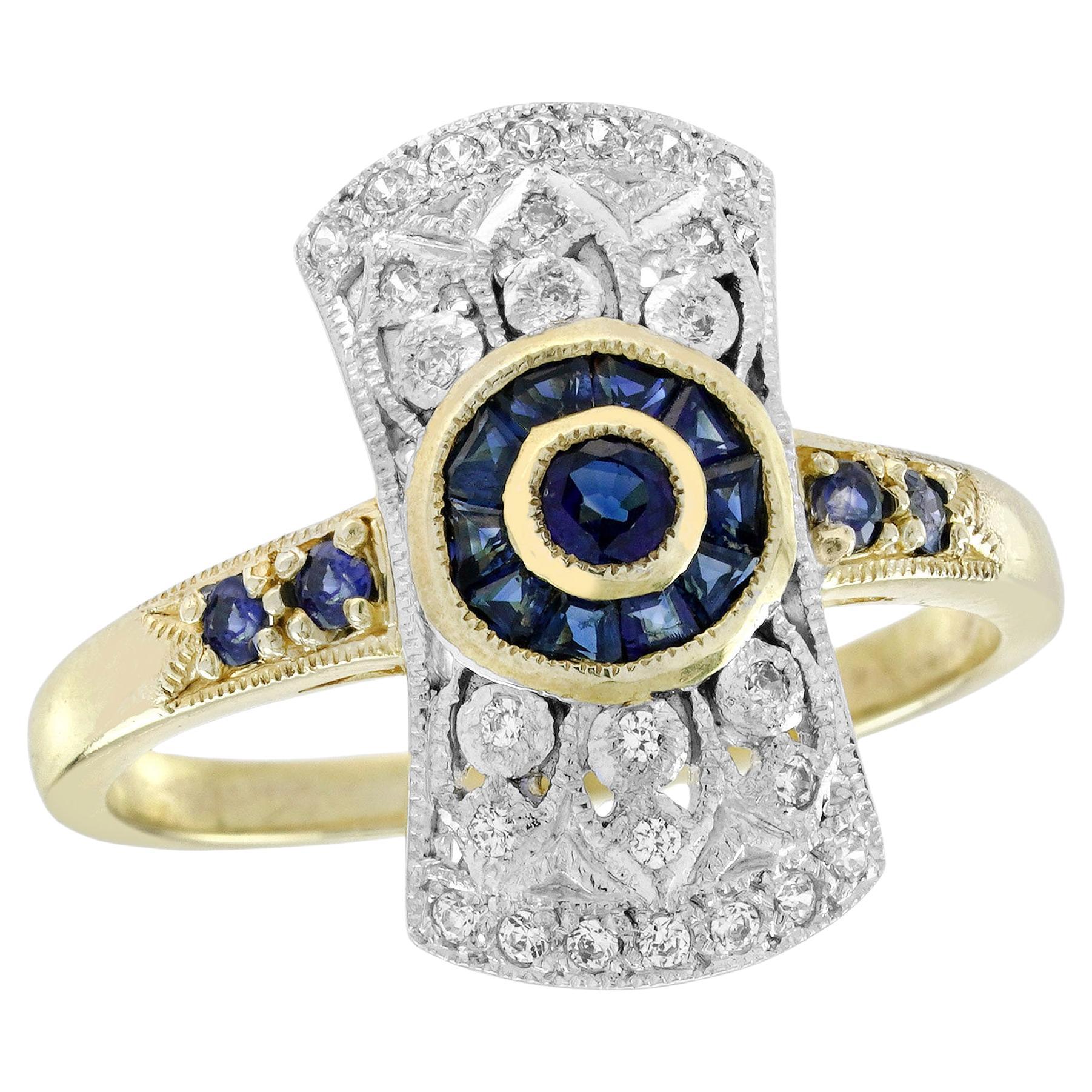 9K Yellow Gold Blue Sapphire and Diamond Art Deco Style Halo Ring