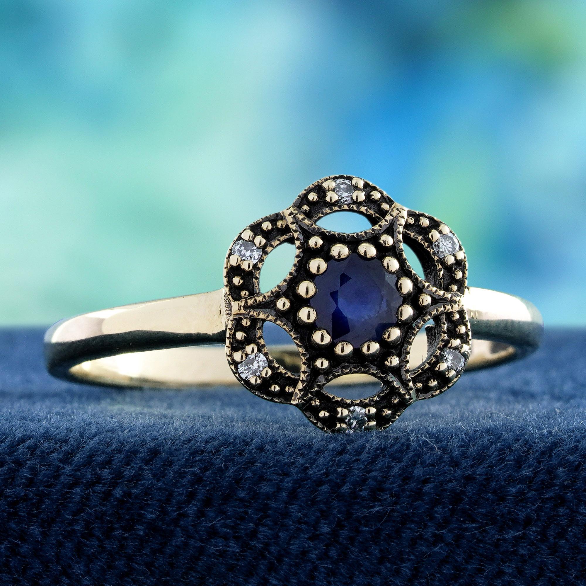 9K Gelbgold Blauer Saphir und Diamant Vintage Style Floral Ring (Edwardian) im Angebot